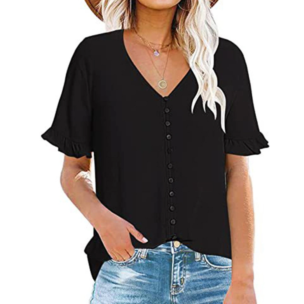 Pure Color Women Ruffled Short Sleeve Shirt Stylish Plain Color Single Breasted V Neck Ruffle Sleeve Blouse Black M