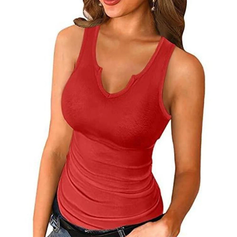 Women Tight V Neck Tank Top Pure Color Fashionable Breathable Sleeveless Tank Top for Summer Red S