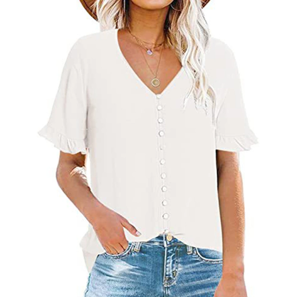 Pure Color Women Ruffled Short Sleeve Shirt Stylish Plain Color Single Breasted V Neck Ruffle Sleeve Blouse White M