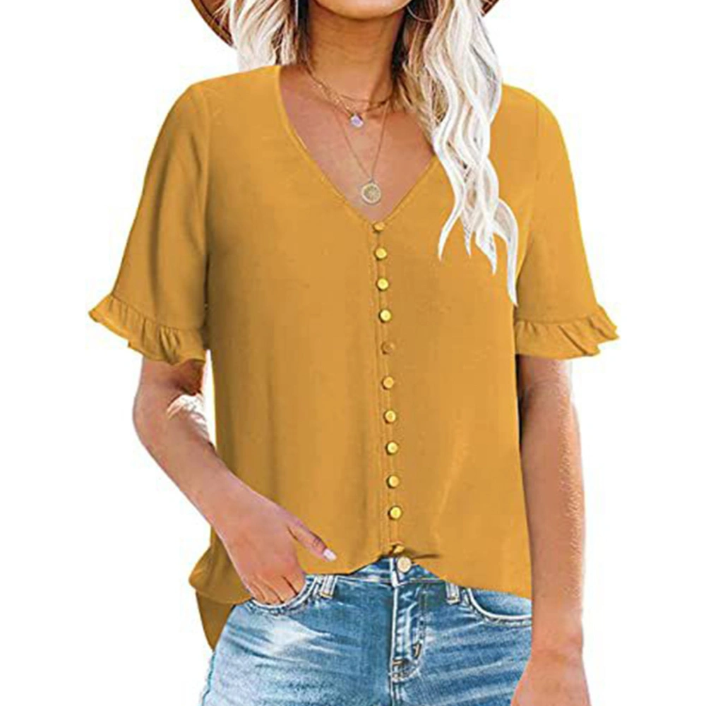 Pure Color Women Ruffled Short Sleeve Shirt Stylish Plain Color Single Breasted V Neck Ruffle Sleeve Blouse Yellow S