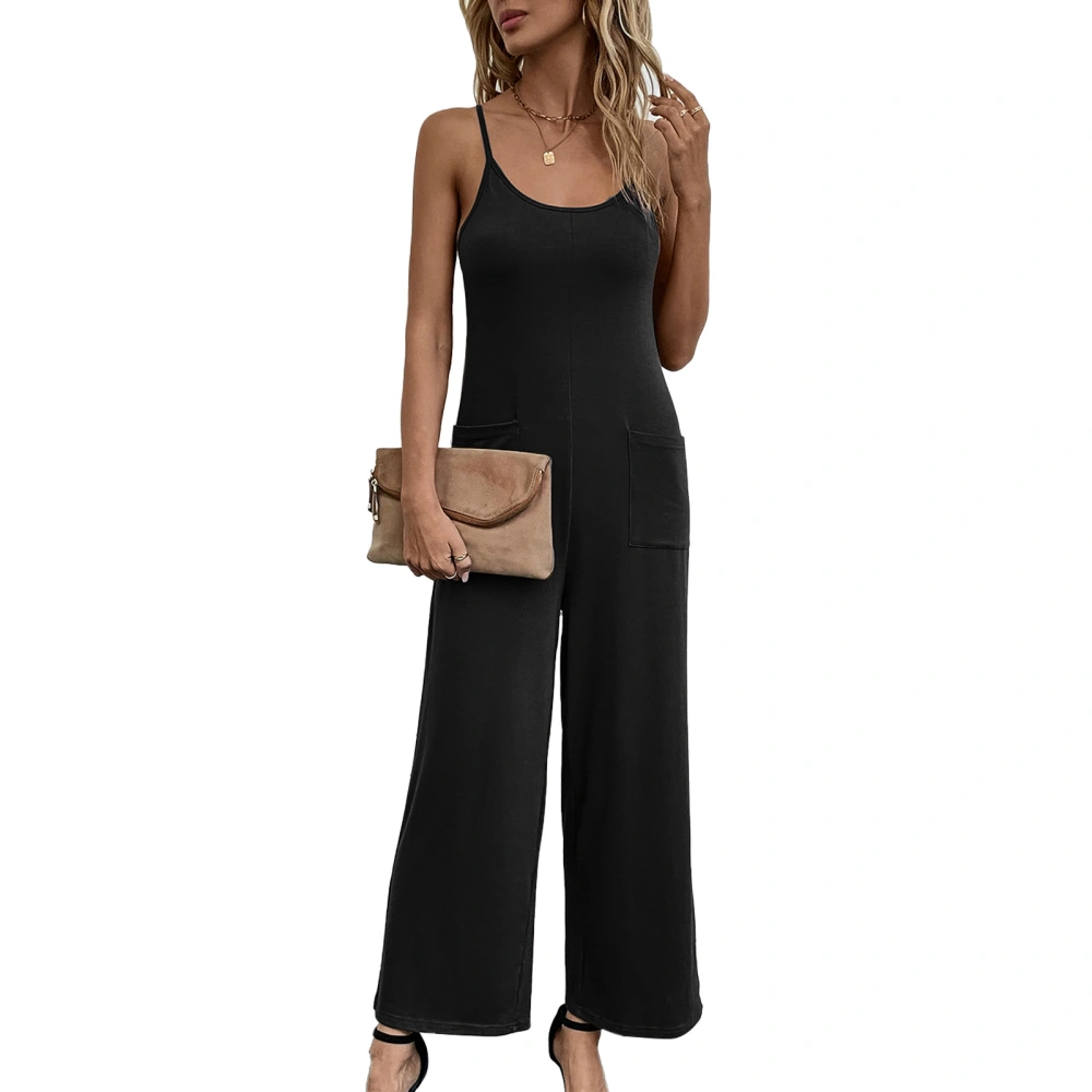 Sleeveless Casual Jumpsuit Solid Color Round Neck Straight Pants Back Lacing One Piece Outfits Suspender Romper with Two Pockets Black XL