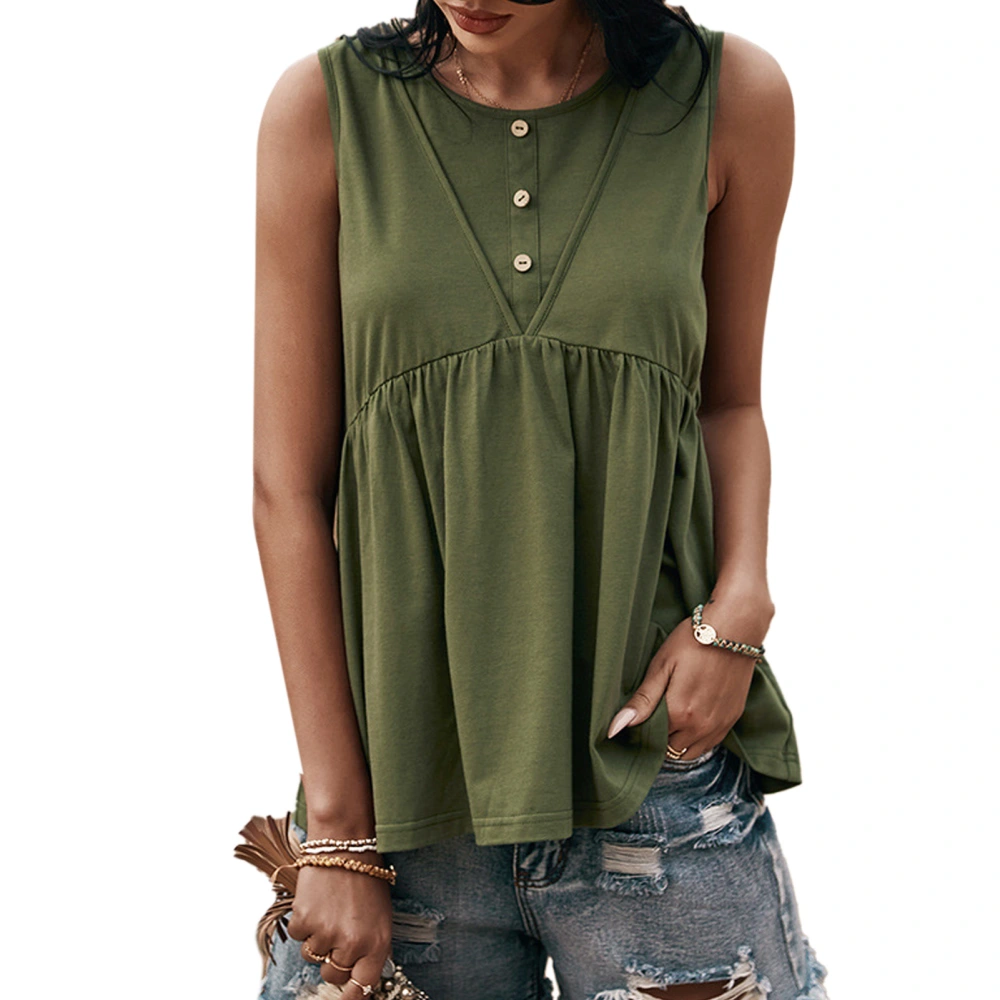 Women Tank Top Ruffle Hem Flowy Loose Fitting Button Front Pure Color Back Cut Out Sleeveless T Shirt OD Green XL