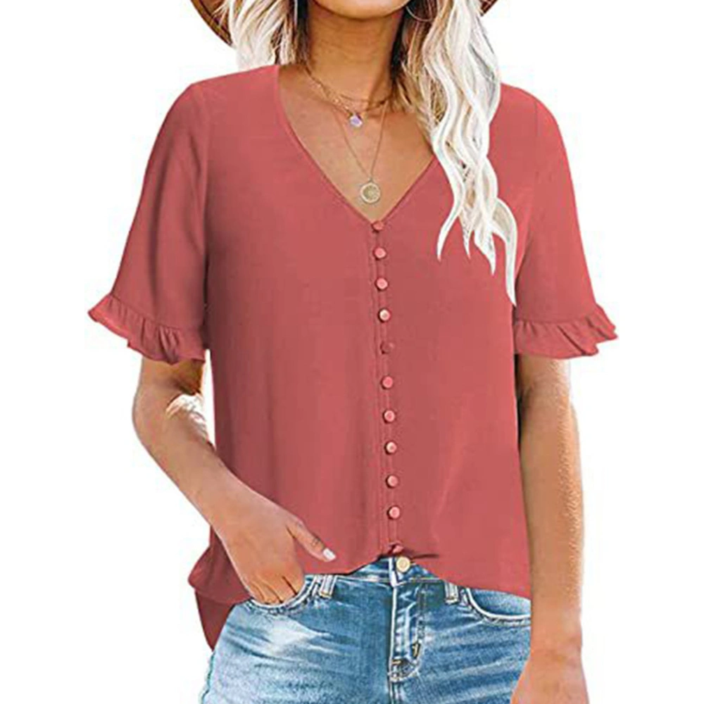 Pure Color Women Ruffled Short Sleeve Shirt Stylish Plain Color Single Breasted V Neck Ruffle Sleeve Blouse Bright Pink L