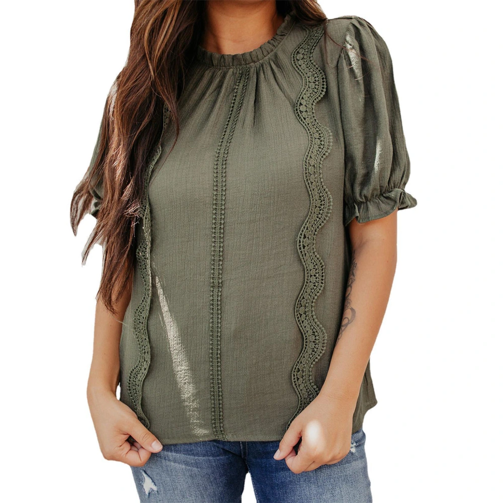 Woman Ruffle Short Sleeve Blouse Mock Round Neck Ruffle Frill Plain Front Lace Patchwork Summer Loose Fit Tops Green L