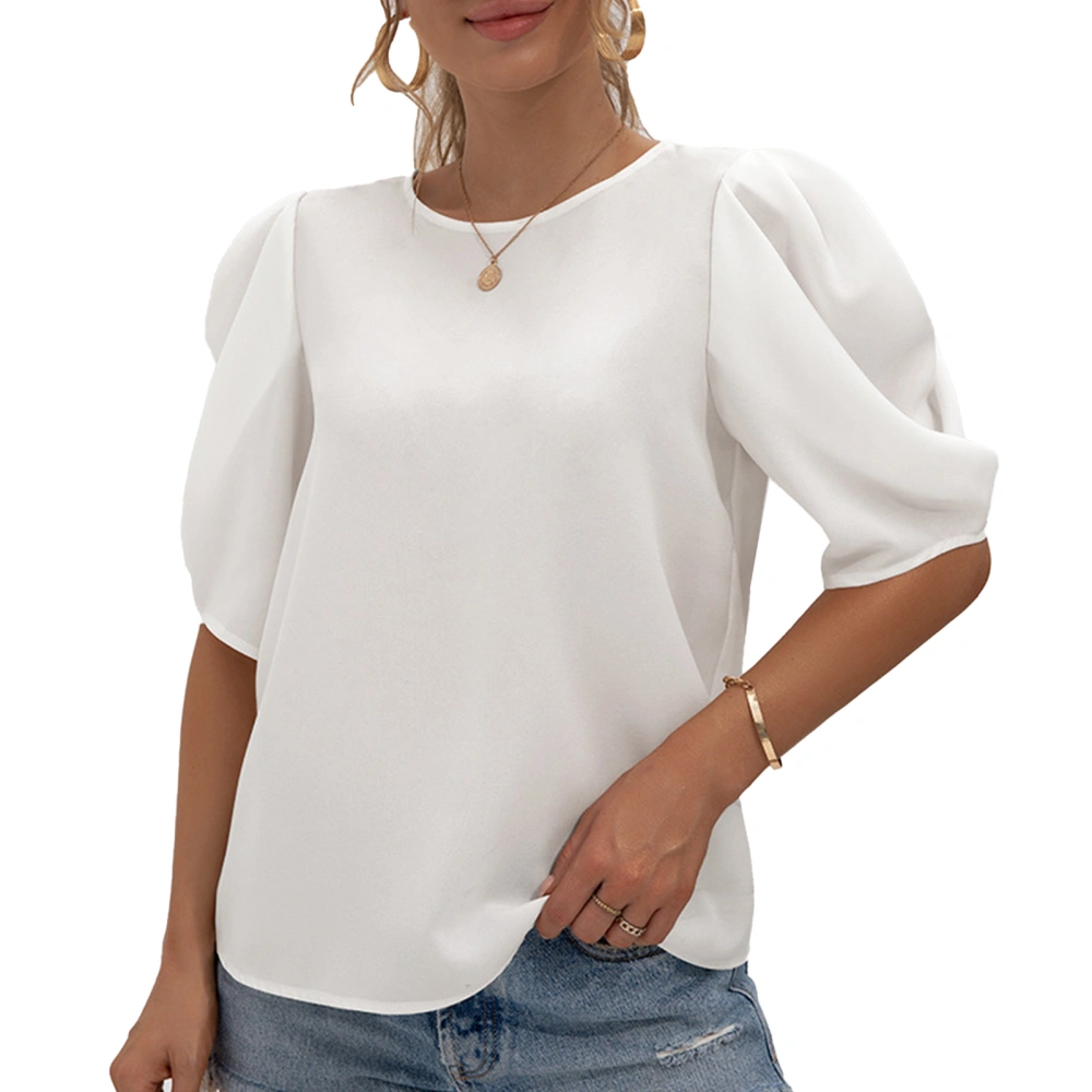 Puff Short Sleeve Top Elegant Pure Color Loose Hem Crewneck Puff Sleeve T Shirt for Summer White M