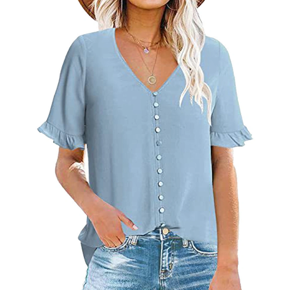 Pure Color Women Ruffled Short Sleeve Shirt Stylish Plain Color Single Breasted V Neck Ruffle Sleeve Blouse Sky Blue XL