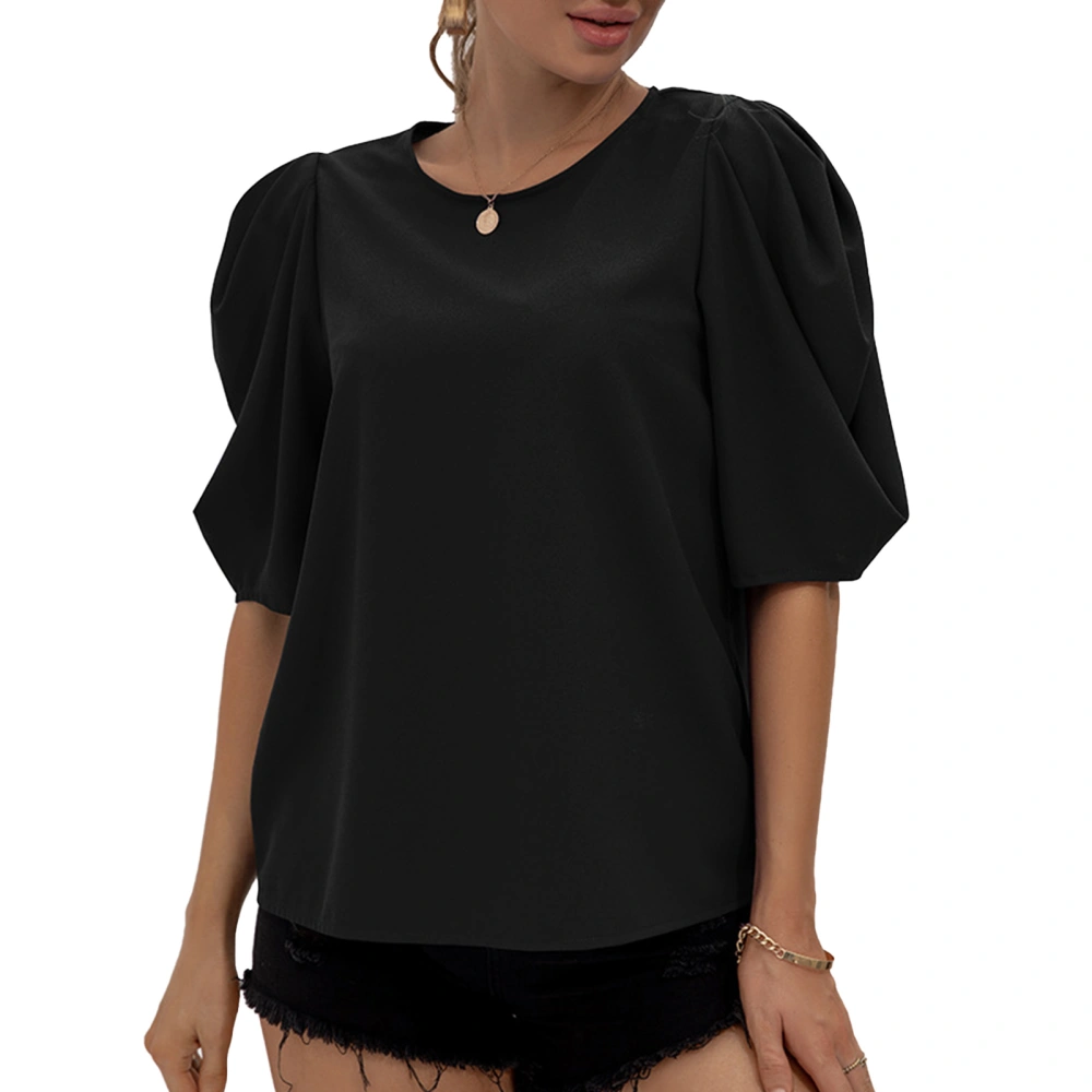 Puff Short Sleeve Top Elegant Pure Color Loose Hem Crewneck Puff Sleeve T Shirt for Summer Black XL