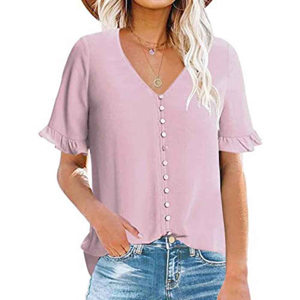 Pure Color Women Ruffled Short Sleeve Shirt Stylish Plain Color Single Breasted V Neck Ruffle Sleeve Blouse Pink 2XL