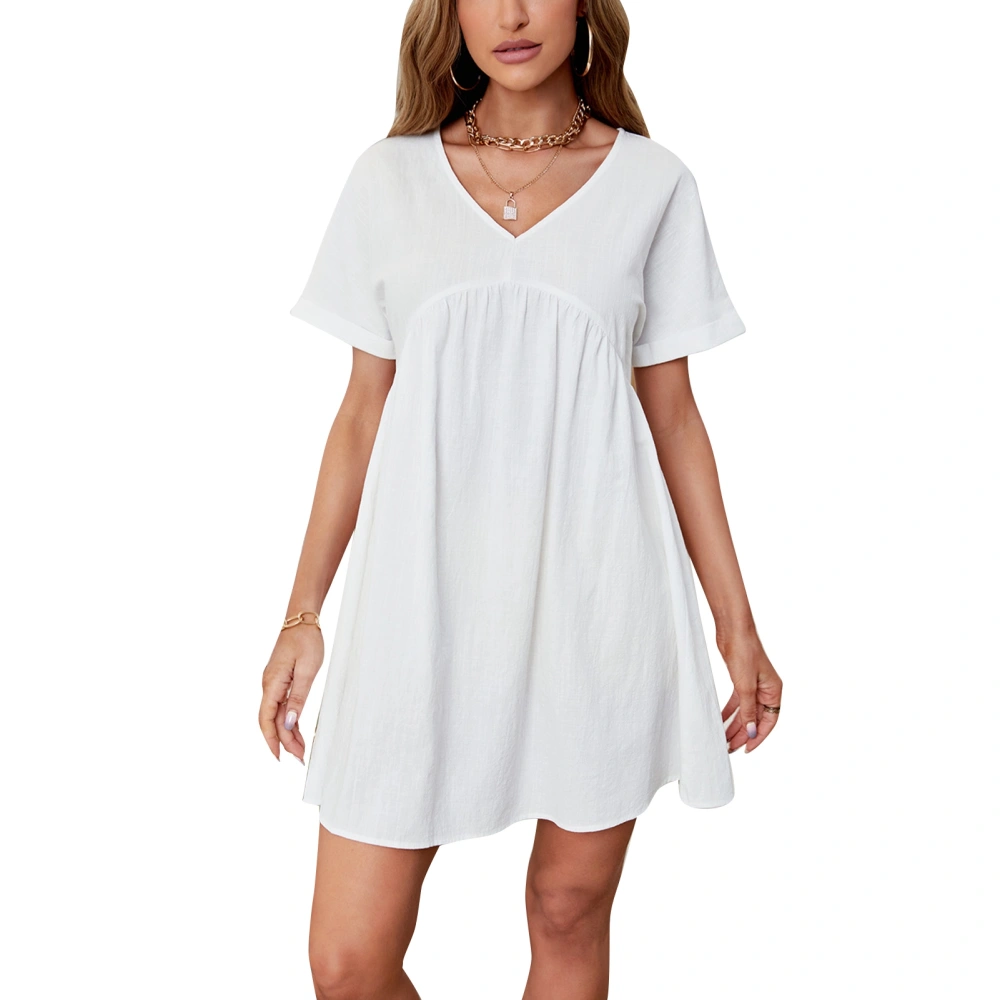 Batwing Sleeve Dress for Girls V Neck Pure Color Soft Skin Friendly A Line Dress Casual Dress for Daily Casual Date White XXL