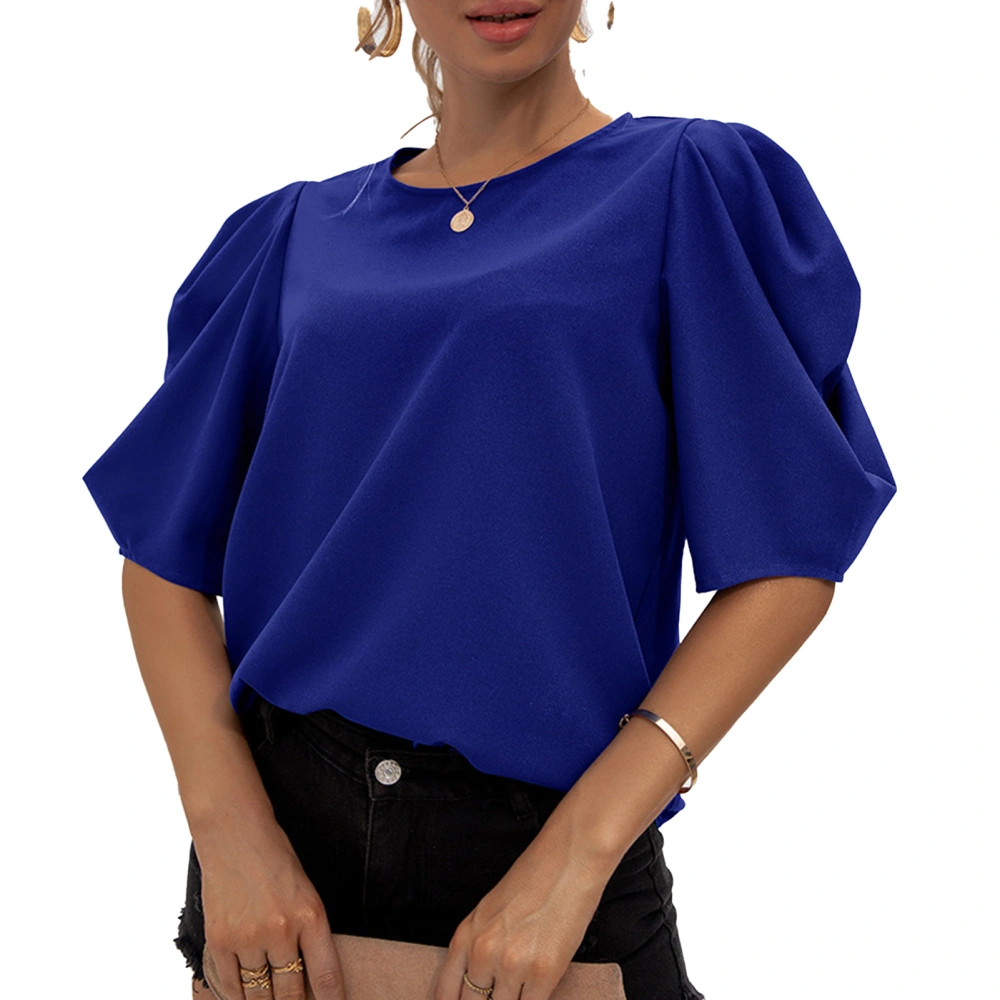 Puff Short Sleeve Top Elegant Pure Color Loose Hem Crewneck Puff Sleeve T Shirt for Summer Blue M