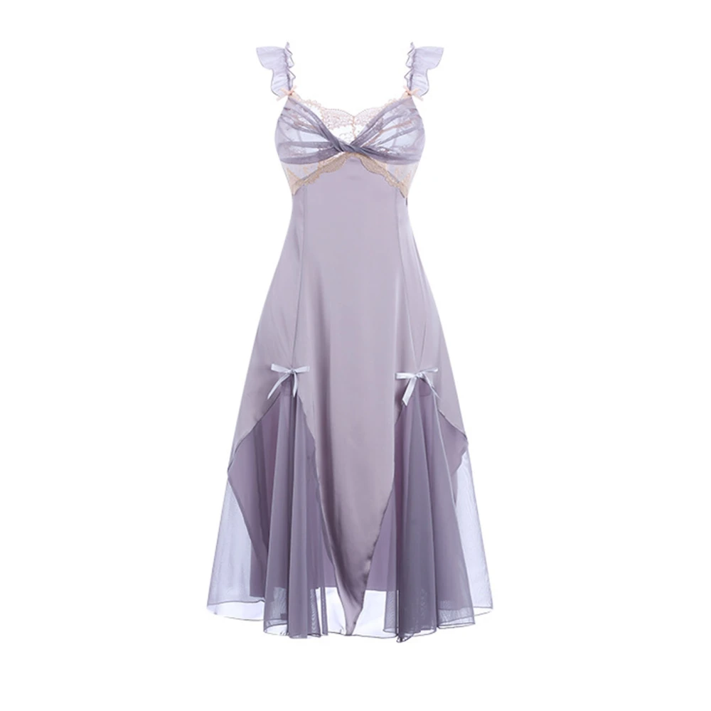 Suspender Night Dress Double Layer Transparent Mesh Deep V Smooth Satin Charming Lovely Bow for Home Taro Purple L