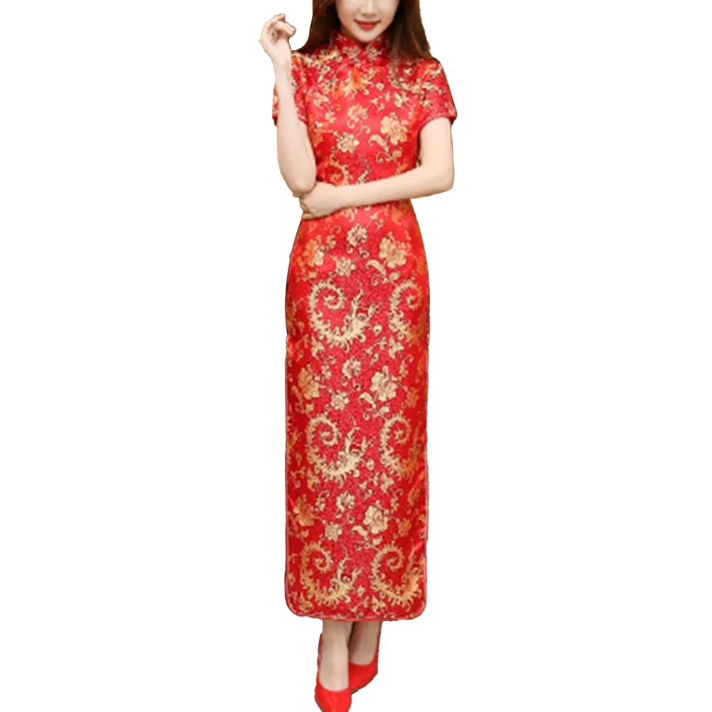 Chinese Long Cheongsam Short Sleeve Side Slit Stand Collar Button Traditional Elegant Maxi Printed Qipao Red Phoenix Tail 3XL 51.2-55.1in