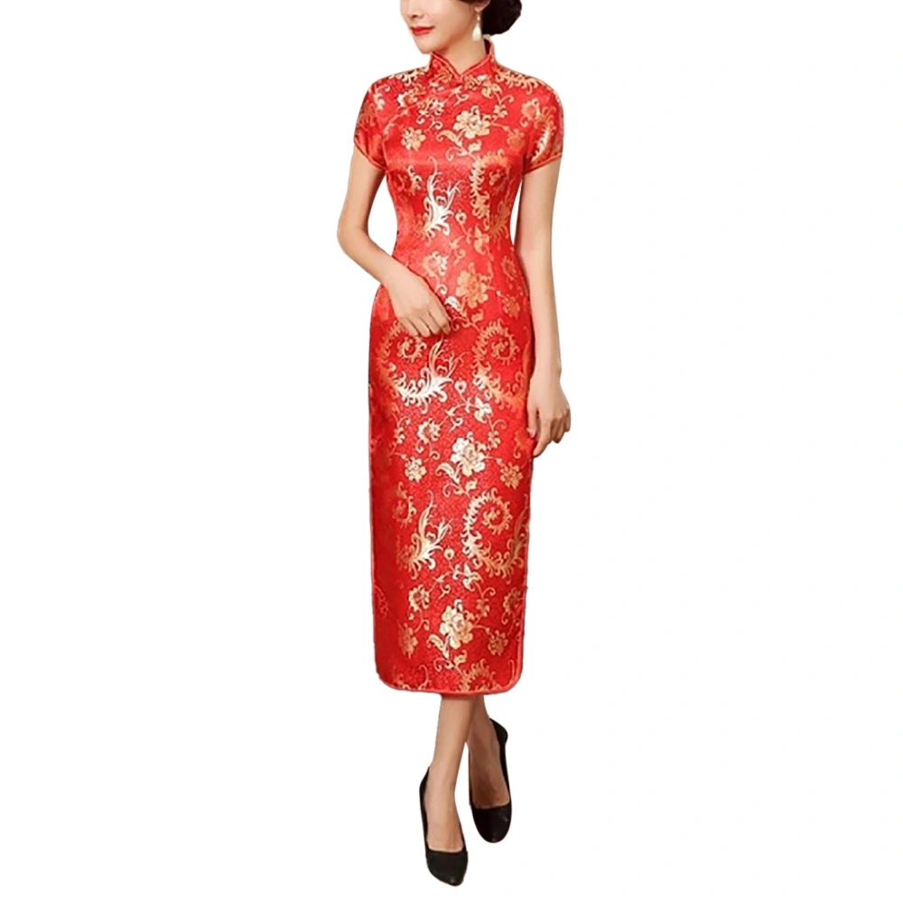 Long Chinese Cheongsam Short Sleeved Side Split Elegant Mandarin Collar Evening Wedding Chinese Traditional Dress Red L 105-110