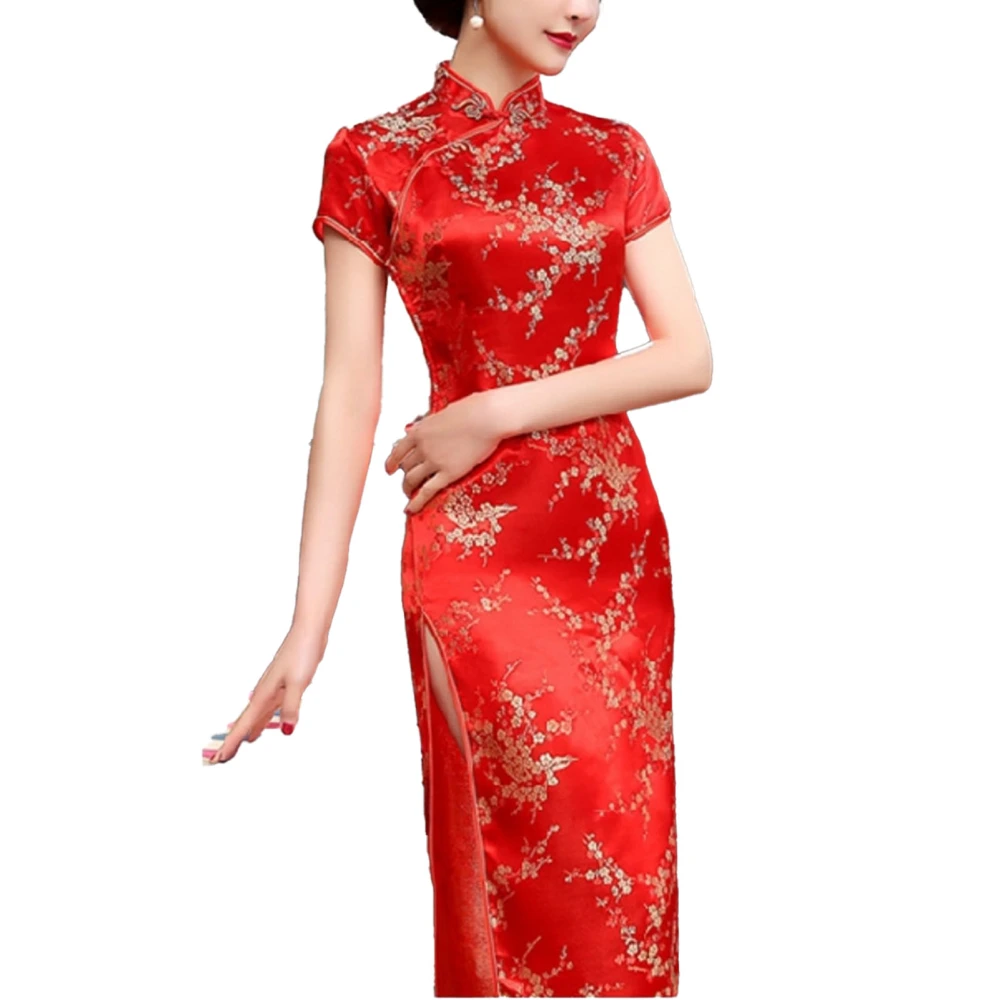 Women Long Cheongsam Short Sleeve Side Slit Floral Print Soft Breathable Elegant Chinese Gown Red Plum Blossom 2XL 120-130