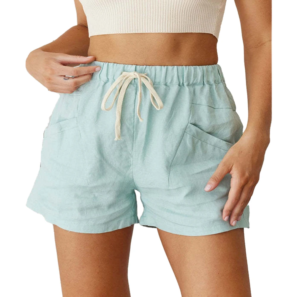 Women Loose Casual Shorts Elastic High Waist Drawstring Side Pockets Women Summer Casual Shorts Light Blue L