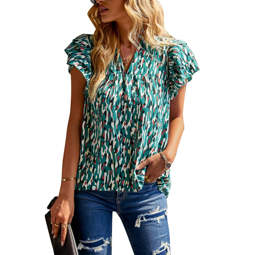 Women Printed Blouse V Neck Short Cap Sleeve Frill Trim Stand Collar Women Ruffle Blouse Top Dark Green XL