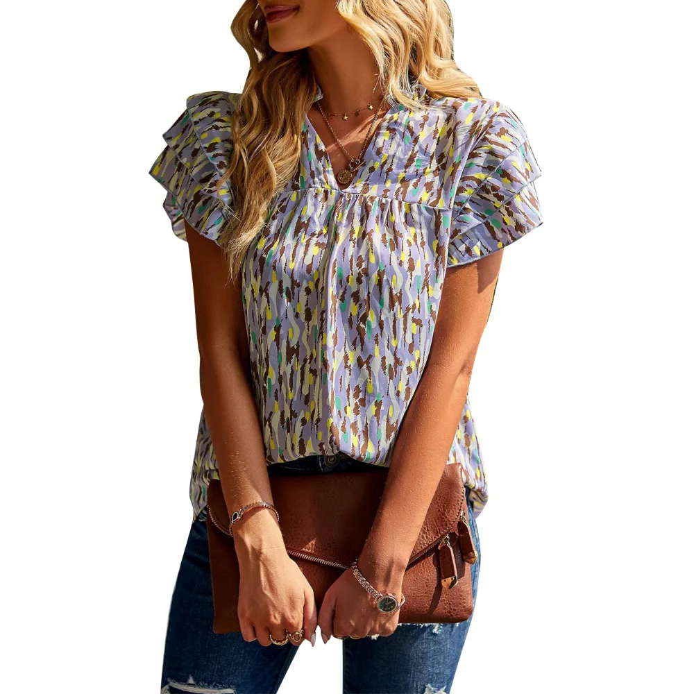 Women Printed Blouse V Neck Short Cap Sleeve Frill Trim Stand Collar Women Ruffle Blouse Top Purple S