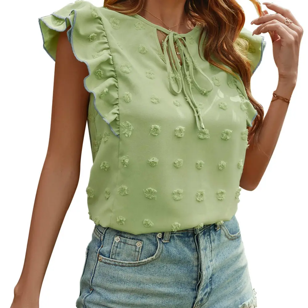 Sleeveless Frill Trim Top Dot Decoration Lace Up V Neck Plain Pattern Loose Breathable Women Summer Shirt Yellow Green M