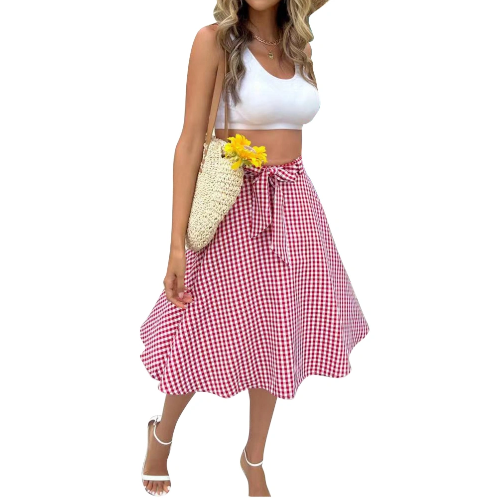 A Line Midi Skirt Gingham Printed Waist Belt Fashionable Elegant Women Midi Skirt for Party Red M