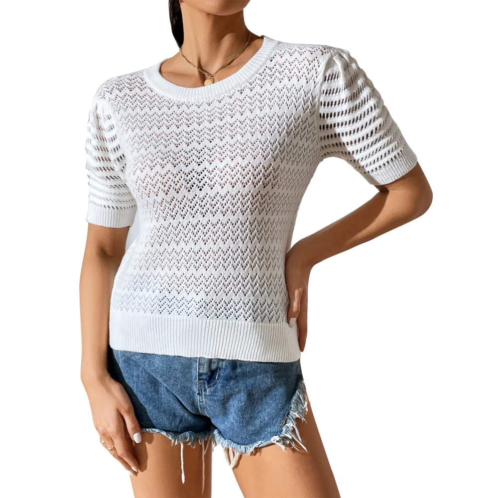 Knit Hollow Out Blouse Round Neck Puff Short Sleeve Casual Fit Pure Color Hollow Out Blouse White M