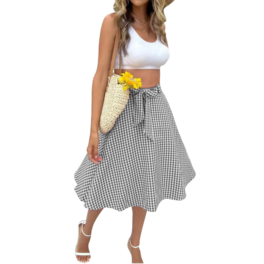 A Line Midi Skirt Gingham Printed Waist Belt Fashionable Elegant Women Midi Skirt for Party Grey M