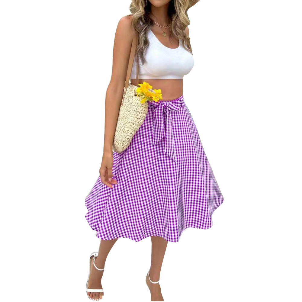 A Line Midi Skirt Gingham Printed Waist Belt Fashionable Elegant Women Midi Skirt for Party Purple XXL