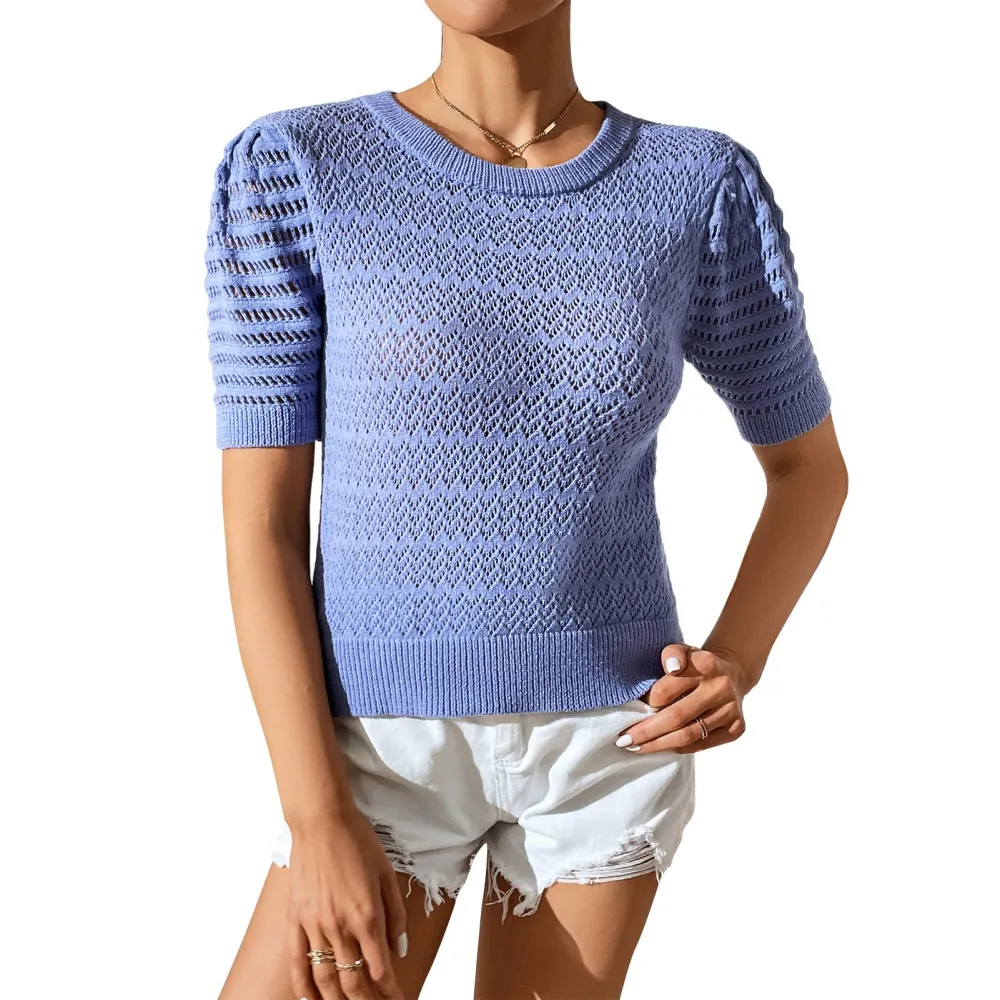 Knit Hollow Out Blouse Round Neck Puff Short Sleeve Casual Fit Pure Color Hollow Out Blouse Blue XL