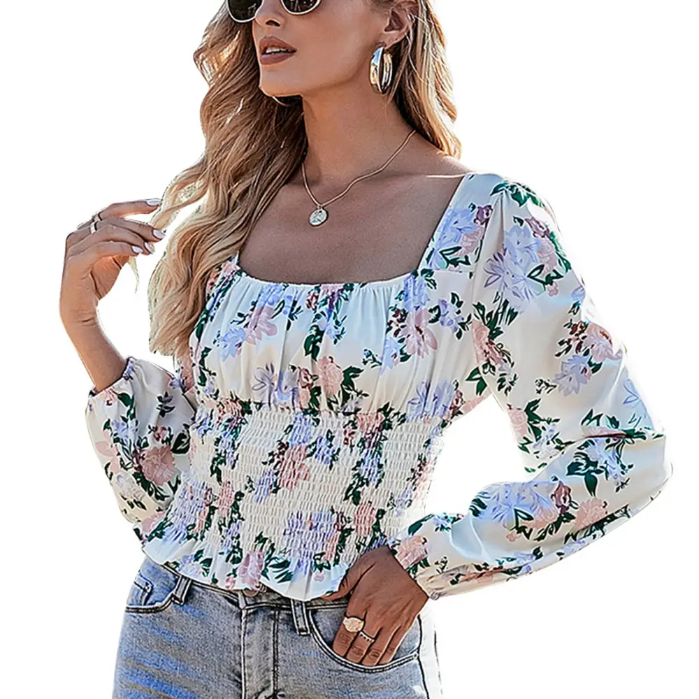 Square Neck Long Sleeve Top Shirred Tight Waist Flower Printing Lovely Stylish Women Floral Blouse White Floral L