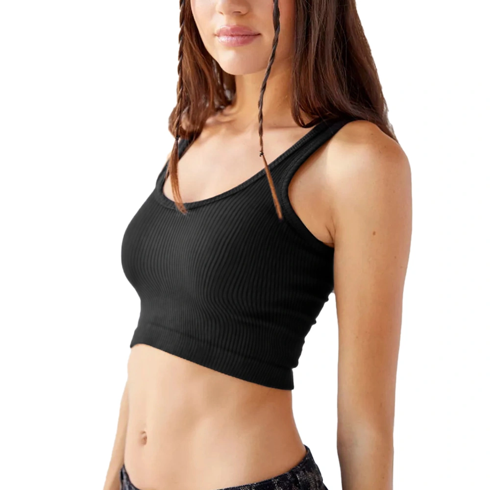 Summer Camisole U Neck Stretchy Comfortable Sleeveless Knitted Threaded Pure Color Tight Fitting Tank Top Black XL