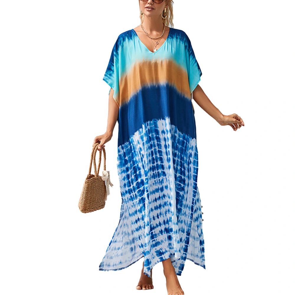 Loose Cover Up Dress Sun Protection V Neck Short Sleeve Stylish Side Split Coverup Dress for Summer Beach Blue Tie Dye Free Size