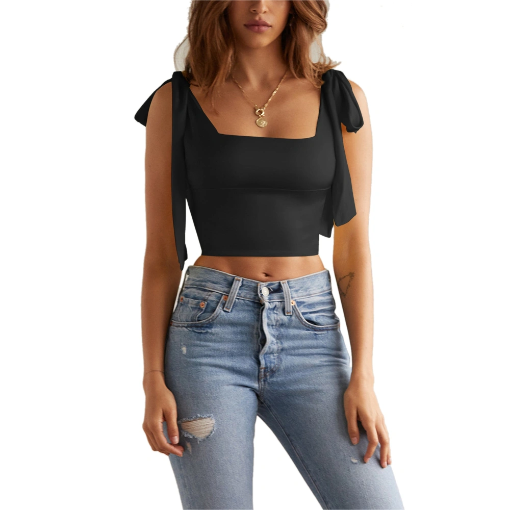 Women Strap Tank Top Square Neck Straps Design Stretchy Tight Fashionable Women Sleeveless Top GSII003 Black XL