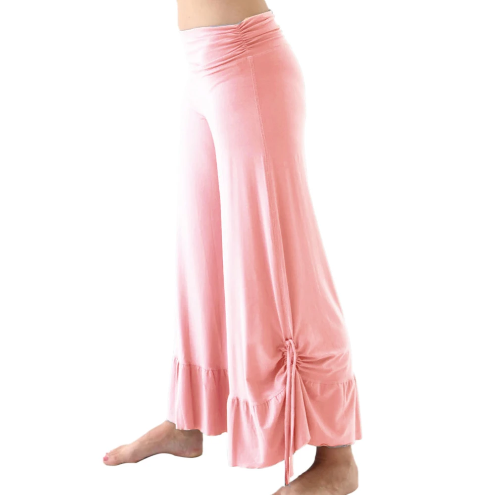 Wide Leg Yoga Pants High Waist Ruffled Hem Drawstring Ties Casual Loose Fashionable Women Long Yoga Pants Pink XXL