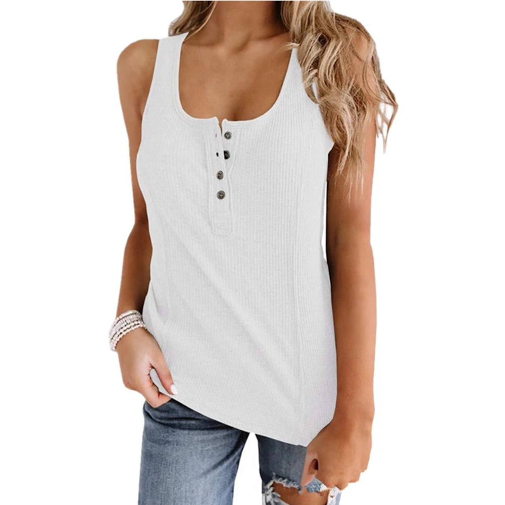 Button Ribbed Sleeveless Top Crewneck Slim Soft Casual Button Front Ribbed Summer Vest for Women White XXL