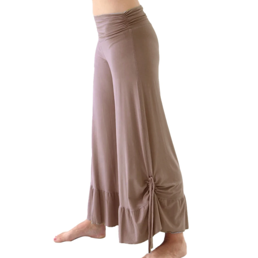 Wide Leg Yoga Pants High Waist Ruffled Hem Drawstring Ties Casual Loose Fashionable Women Long Yoga Pants Light Khaki XL