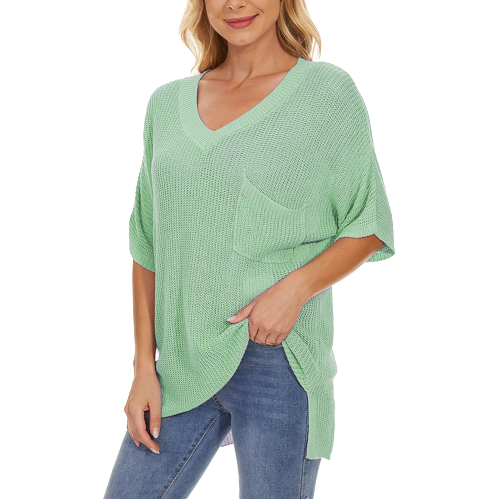 Women V Neck Knitted Top Half Sleeves Chest Pocket Loose Type Side Split Casual T Shirt Green M