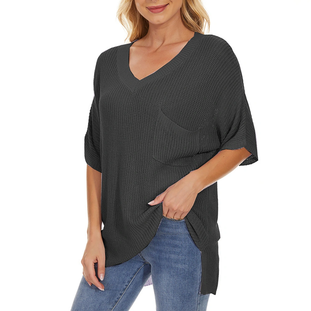 Women V Neck Knitted Top Half Sleeves Chest Pocket Loose Type Side Split Casual T Shirt Black M