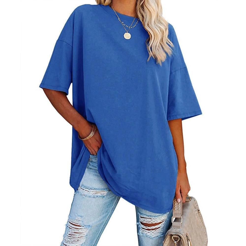 Women Loose Short Sleeve Top Pure Color Drop Shoulder Round Neck Short Sleeve T Shirt for Daily Royalblue L