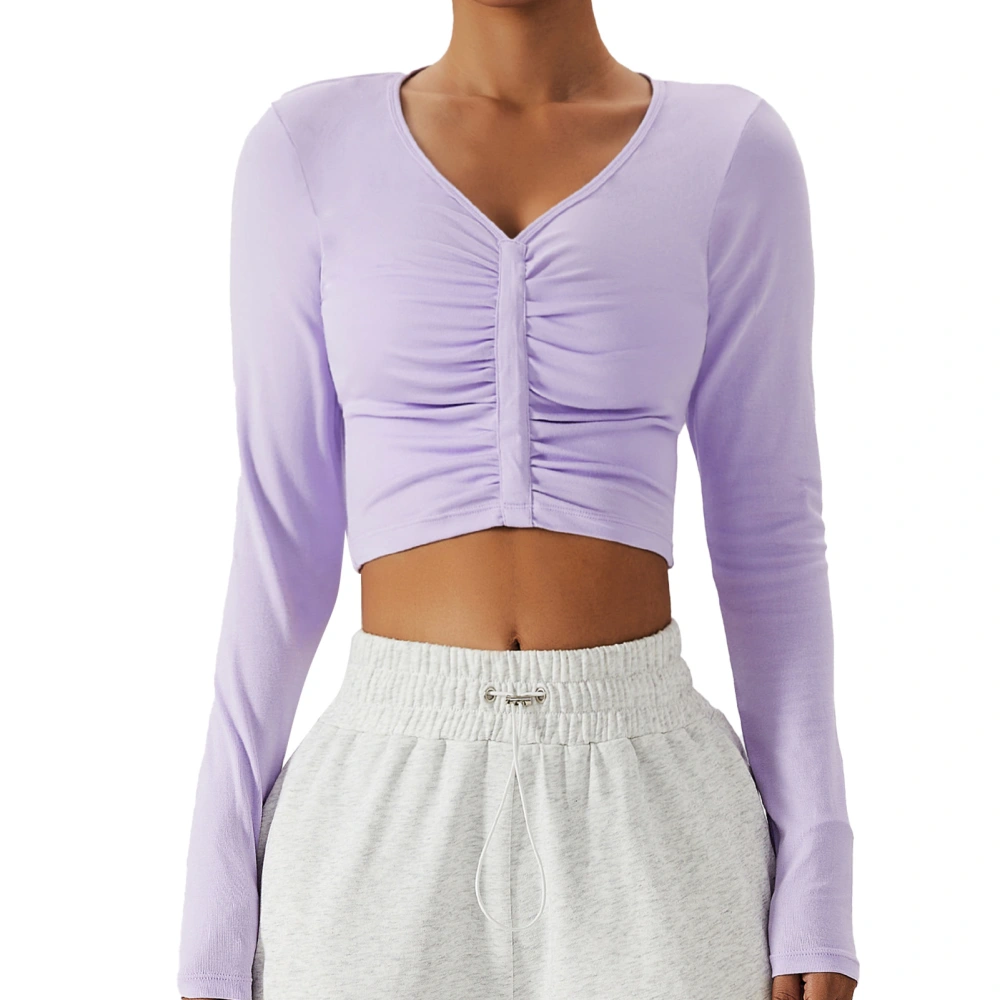 Front Ruched Workout Top V Neck Pure Color Long Sleeve Slim Fit Casual Breathable Tee Shirt Purple 12/L