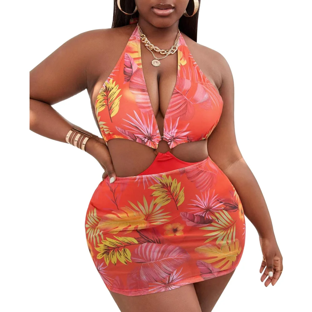 One Piece Bikini Halter Neck Tie Back Print Cutout Lady Swimsuit with Cover Up Skirt for Surfing Beach Party Yellow Leaves On Pink Background XL