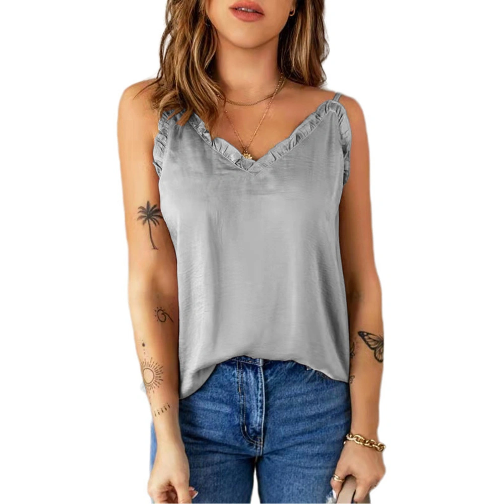 Women V Neck Ruffle Tank Tops Summer Fashionable Casual Spaghetti Strap Womens Sleeveless Tank Tops for Daily Outing Grey S