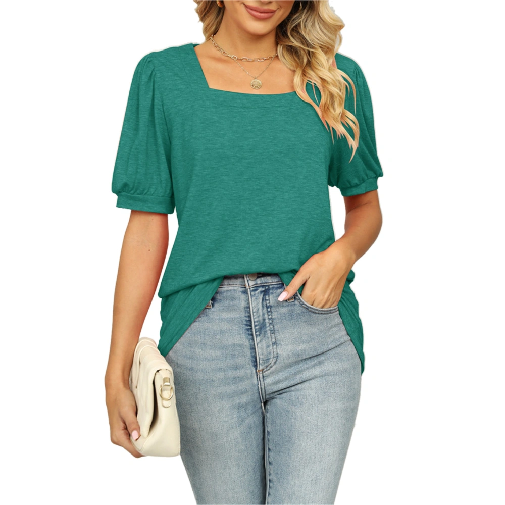 Women Casual T Shirt Short Puff Sleeves Pure Color Loose Fitting Summer Top for Daily Wear Dark Green M