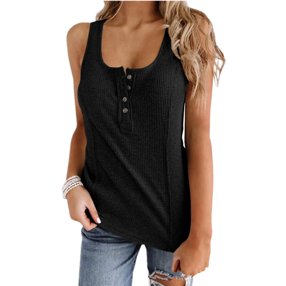 Button Ribbed Sleeveless Top Crewneck Slim Soft Casual Button Front Ribbed Summer Vest for Women Black L