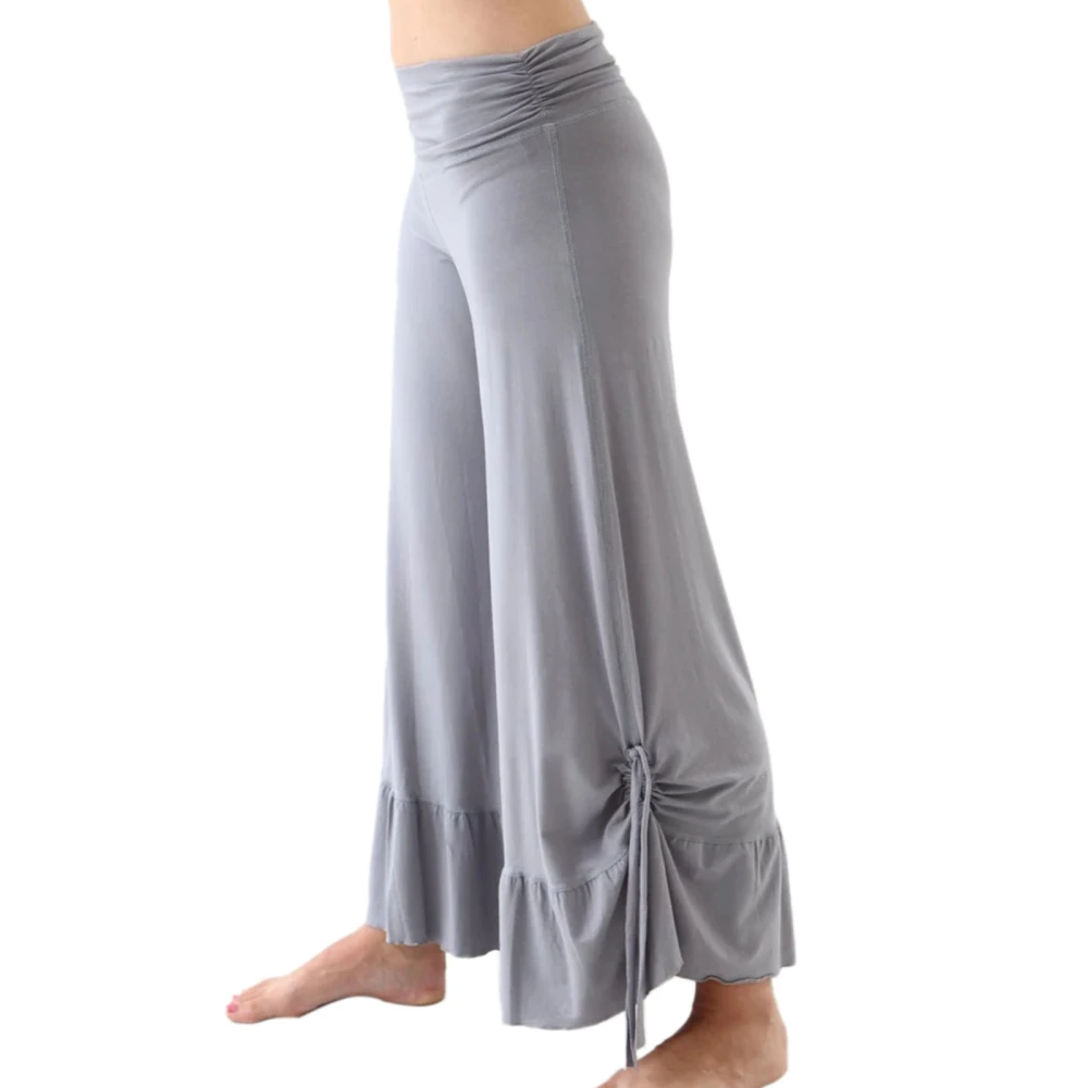 Wide Leg Yoga Pants High Waist Ruffled Hem Drawstring Ties Casual Loose Fashionable Women Long Yoga Pants Light Grey M