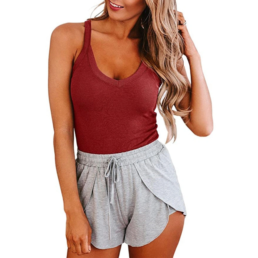 Women Tank Top V Neck Sleeveless Backless Spaghetti Strap Pure Color Casual Strappy Tank Top for Spring Summer Red M