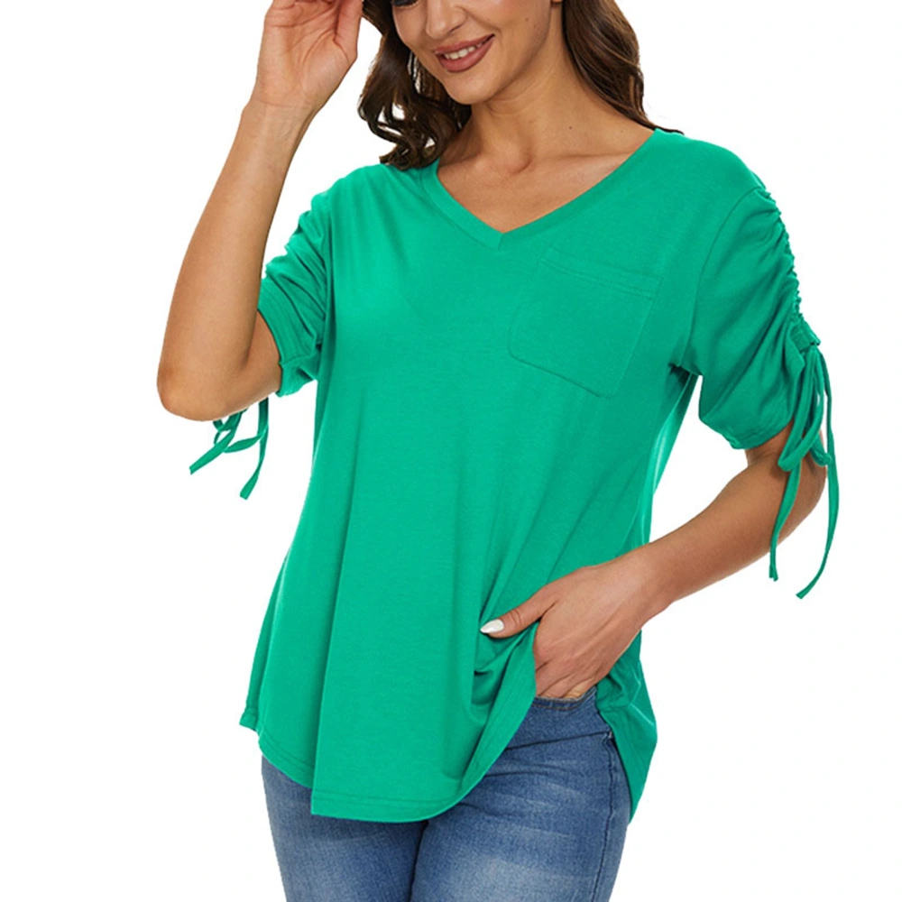 Women Drawstring Sleeve Blouse V Neck Pure Color Front Pocket Fashionable Casual Fit Blouse for Dating Green S