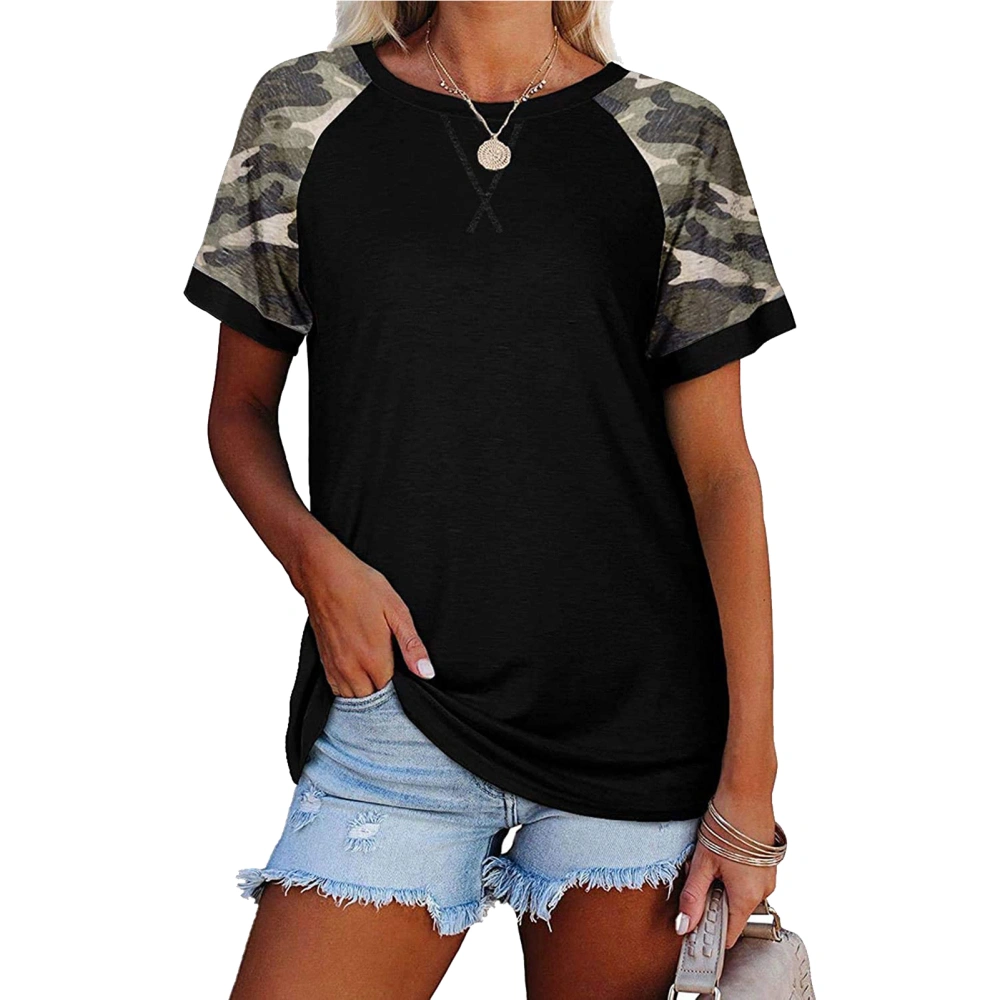 Women Round Neck Top Short Sleeves Splicing Loose Type Casual T Shirt for Summer Wear Black XXL