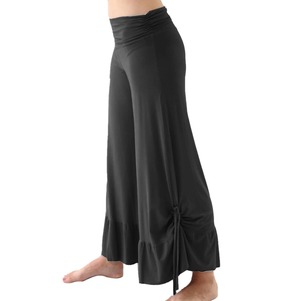 Wide Leg Yoga Pants High Waist Ruffled Hem Drawstring Ties Casual Loose Fashionable Women Long Yoga Pants Black S