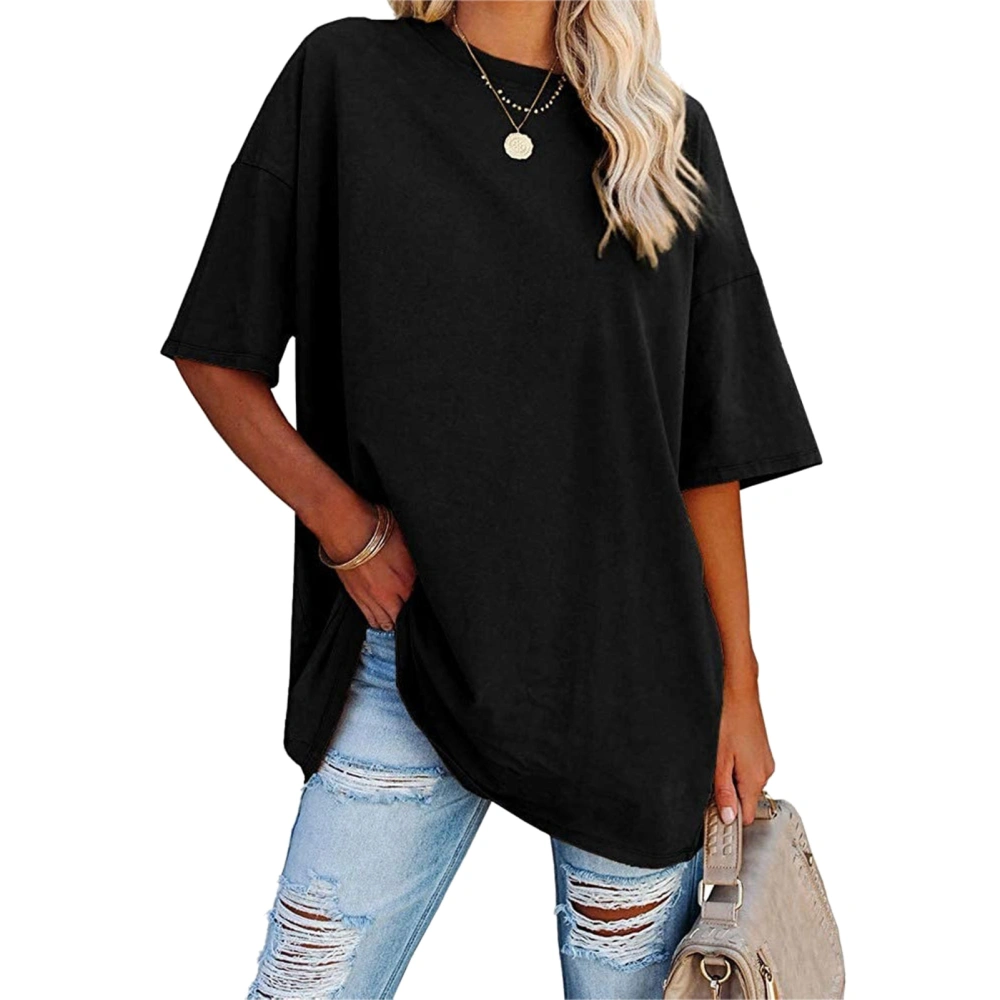 Women Loose Short Sleeve Top Pure Color Drop Shoulder Round Neck Short Sleeve T Shirt for Daily Black S