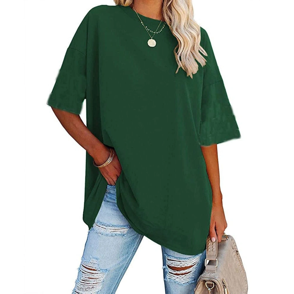 Women Loose Short Sleeve Top Pure Color Drop Shoulder Round Neck Short Sleeve T Shirt for Daily Green S