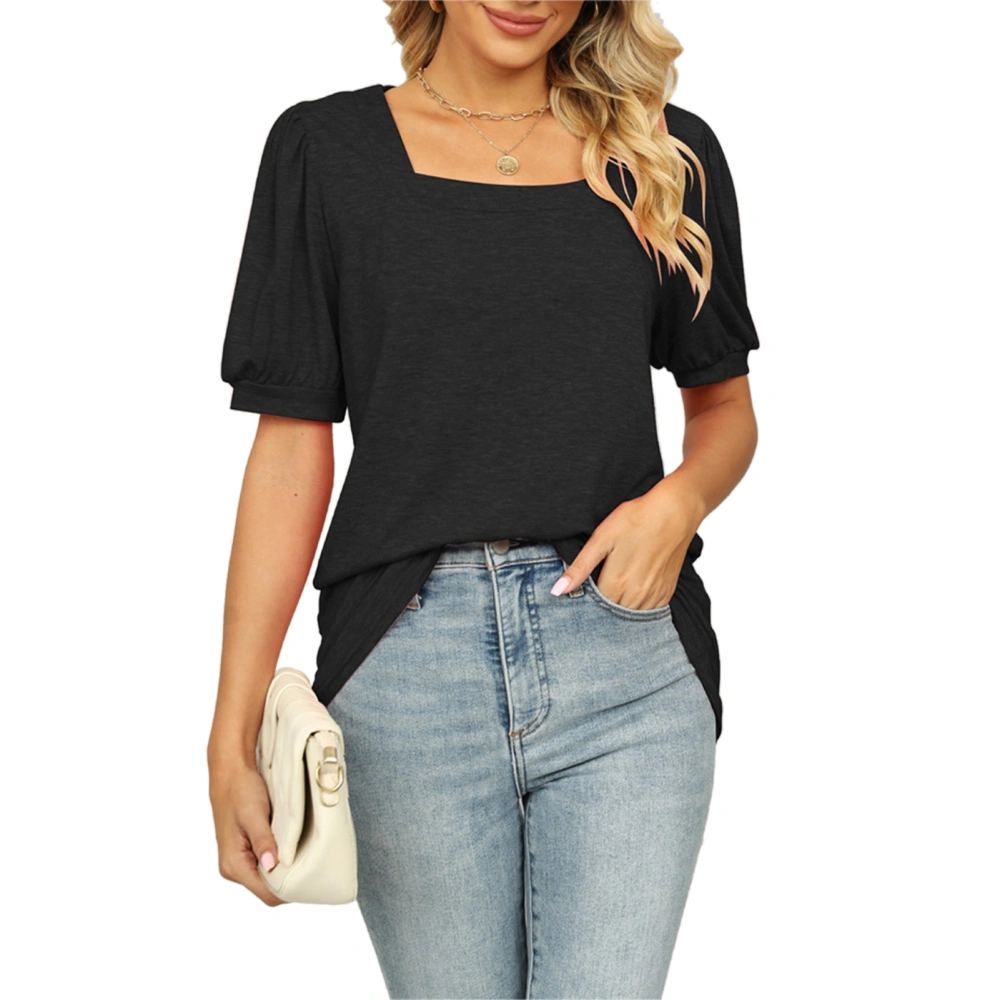 Women Casual T Shirt Short Puff Sleeves Pure Color Loose Fitting Summer Top for Daily Wear Black L